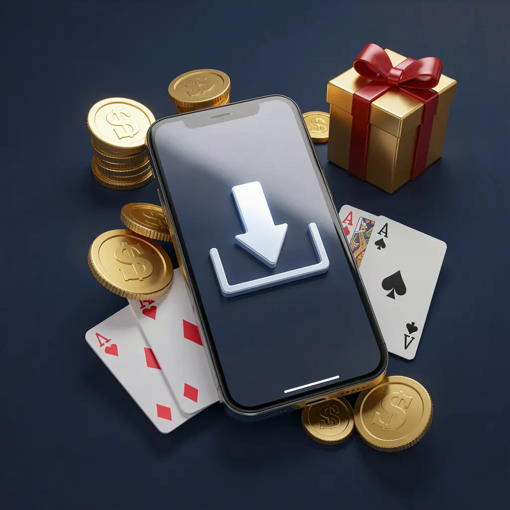 PP999 casino app download concept showing a smartphone with a download icon surrounded by golden coins, a gift box, and playing cards in a realistic 3D mobile gaming atmosphere