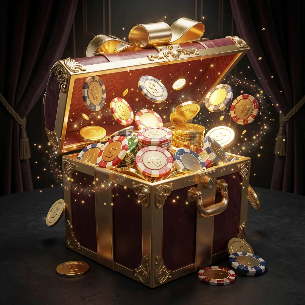 PP999 no deposit casino bonus concept featuring a glowing gift box filled with free casino chips and golden coins against a luxury dark background with magical sparkle effects creating an exciting reward atmosphere