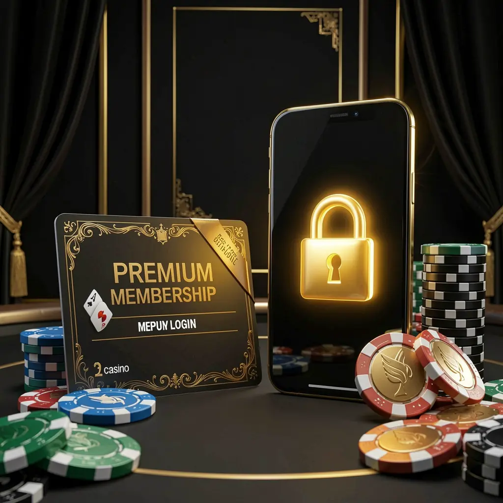 PP999 casino member login concept featuring a premium membership card beside a smartphone with a glowing lock symbol, poker chips and coins on a black and gold luxury background in a realistic 3D illustration