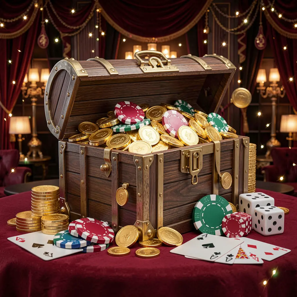 PP999 online casino welcome banner featuring a treasure chest filled with golden coins and casino chips, surrounded by playing cards and dice on a dark luxury background with a festive premium atmosphere